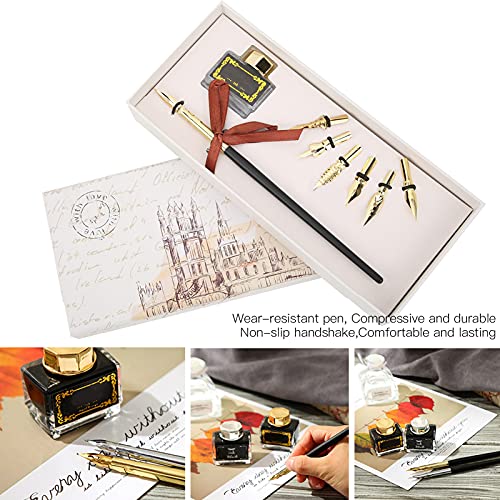 Shanrya Dip Pen Set, Calligraphy Pen Set Dip Pen Suit Handshake Dip Pen Suit for Teacher for Elders(SP124gold gold)