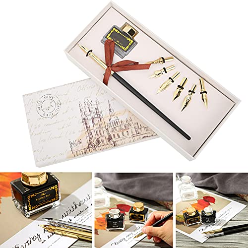 Shanrya Dip Pen Set, Calligraphy Pen Set Dip Pen Suit Handshake Dip Pen Suit for Teacher for Elders(SP124gold gold)