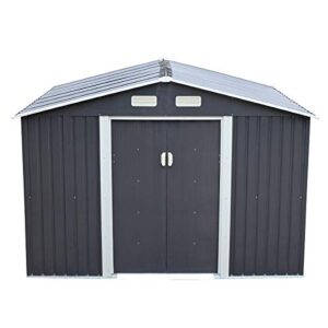 6.3' x 9.1’ large outdoor storage shed, sturdy utility tool lawn mower equipment organizer for backyard garden w/gable roof, lockable sliding door, vents, floor frame - grey