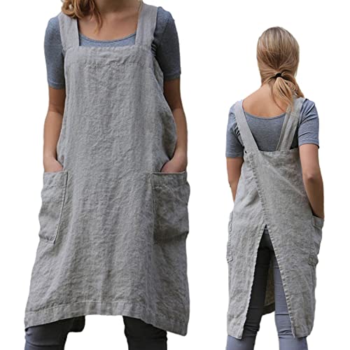 ZQFFB Pinafore Cross Back Apron for Women with Pockets Japanese Smock for Work Gardening Cooking Painting Baking