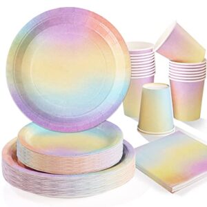 gudvilla 200pcs pastel plates rainbow birthday paper plates decorations party supplies disposable paper plates and napkins cups for baby showers bridal party wedding,serves 50