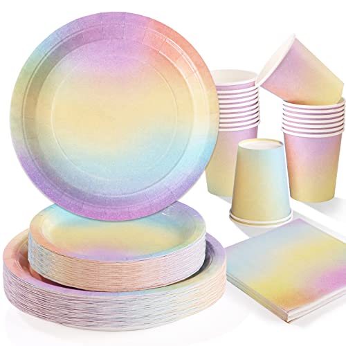 Gudvilla 200Pcs Pastel Plates Rainbow Birthday Paper Plates Decorations Party Supplies Disposable Paper Plates and Napkins Cups for Baby Showers Bridal Party Wedding,Serves 50