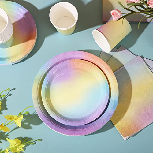 Gudvilla 200Pcs Pastel Plates Rainbow Birthday Paper Plates Decorations Party Supplies Disposable Paper Plates and Napkins Cups for Baby Showers Bridal Party Wedding,Serves 50