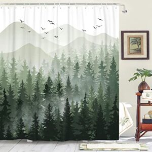 accnicc green misty forest shower curtain set ombre sage green white waterproof fabric nature tree mountain woodland decorative bathroom bath curtain decor (72'' × 72'', green)