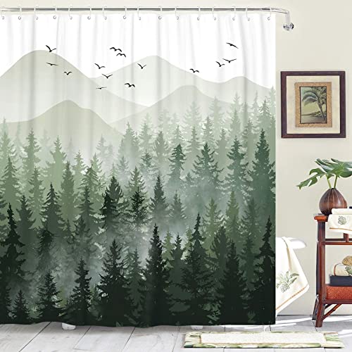 Accnicc Green Misty Forest Shower Curtain Set Ombre Sage Green White Waterproof Fabric Nature Tree Mountain Woodland Decorative Bathroom Bath Curtain Decor (72'' × 72'', Green)