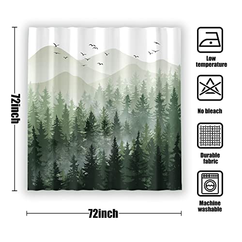 Accnicc Green Misty Forest Shower Curtain Set Ombre Sage Green White Waterproof Fabric Nature Tree Mountain Woodland Decorative Bathroom Bath Curtain Decor (72'' × 72'', Green)