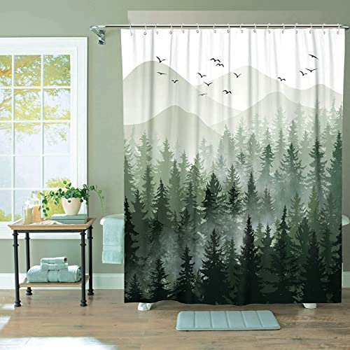 Accnicc Green Misty Forest Shower Curtain Set Ombre Sage Green White Waterproof Fabric Nature Tree Mountain Woodland Decorative Bathroom Bath Curtain Decor (72'' × 72'', Green)