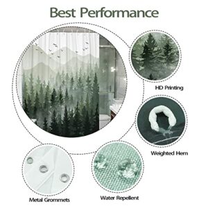 Accnicc Green Misty Forest Shower Curtain Set Ombre Sage Green White Waterproof Fabric Nature Tree Mountain Woodland Decorative Bathroom Bath Curtain Decor (72'' × 72'', Green)