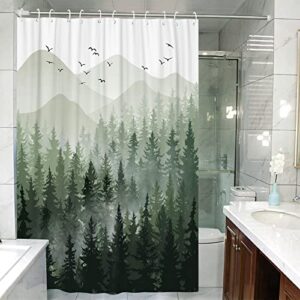 Accnicc Green Misty Forest Shower Curtain Set Ombre Sage Green White Waterproof Fabric Nature Tree Mountain Woodland Decorative Bathroom Bath Curtain Decor (72'' × 72'', Green)