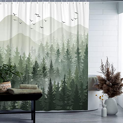 Accnicc Green Misty Forest Shower Curtain Set Ombre Sage Green White Waterproof Fabric Nature Tree Mountain Woodland Decorative Bathroom Bath Curtain Decor (72'' × 72'', Green)