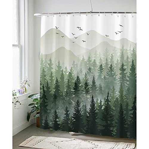 Accnicc Green Misty Forest Shower Curtain Set Ombre Sage Green White Waterproof Fabric Nature Tree Mountain Woodland Decorative Bathroom Bath Curtain Decor (72'' × 72'', Green)