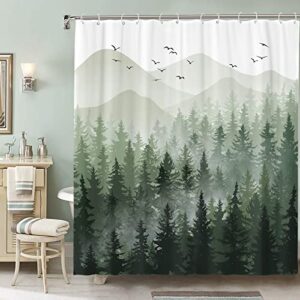 Accnicc Green Misty Forest Shower Curtain Set Ombre Sage Green White Waterproof Fabric Nature Tree Mountain Woodland Decorative Bathroom Bath Curtain Decor (72'' × 72'', Green)