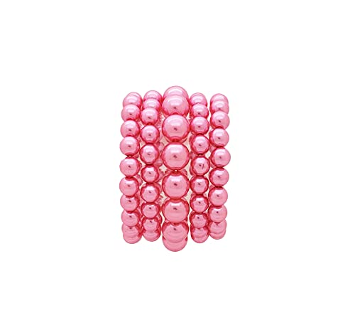 BA UNIQUE FASHION Women's Simulated Pearl Stretch Bracelet 5 PCS Set (Watermelon Pink)