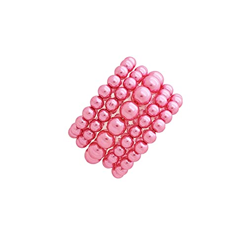 BA UNIQUE FASHION Women's Simulated Pearl Stretch Bracelet 5 PCS Set (Watermelon Pink)