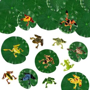48 packs mini plastic frog toys and artificial lily pads, include 24 colorful realistic frogs rainforest animals figures character toys and 24 floating foam leaves for pool decor party favor
