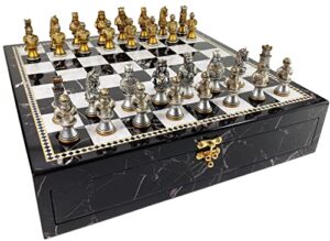 medieval times crusades knight chess set gold & silver busts with 17 inch faux marble storage board