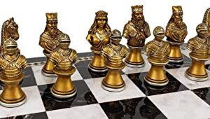 Medieval Times Crusades Knight Chess Set Gold & Silver Busts with 17 inch Faux Marble Storage Board