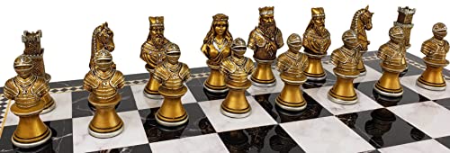 Medieval Times Crusades Knight Chess Set Gold & Silver Busts with 17 inch Faux Marble Storage Board