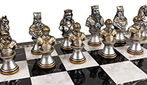 Medieval Times Crusades Knight Chess Set Gold & Silver Busts with 17 inch Faux Marble Storage Board