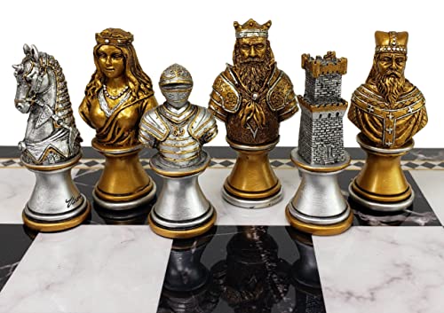 Medieval Times Crusades Knight Chess Set Gold & Silver Busts with 17 inch Faux Marble Storage Board