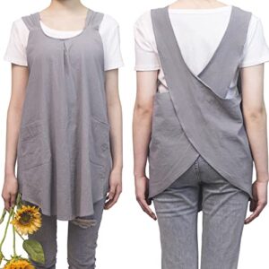 aoipend japanese apron for women with 2 roomy pockets linen cross back aprons cute pinafore dress for kitchen cooking baking work gardening painting crafting grey (grey)