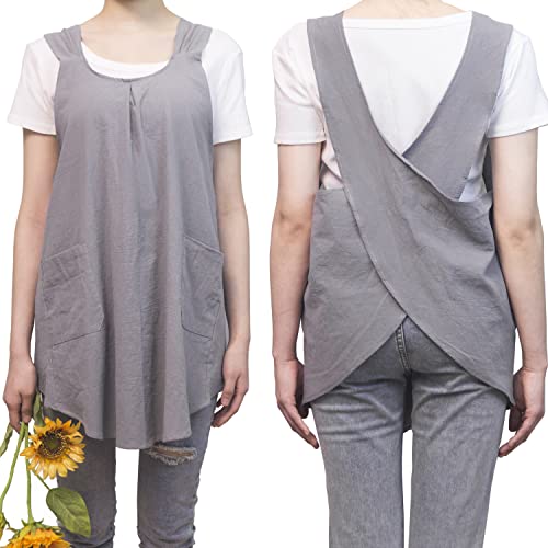 Aoipend Japanese Apron for Women with 2 Roomy Pockets Linen Cross Back Aprons Cute Pinafore Dress For Kitchen Cooking Baking Work Gardening Painting Crafting Grey (Grey)