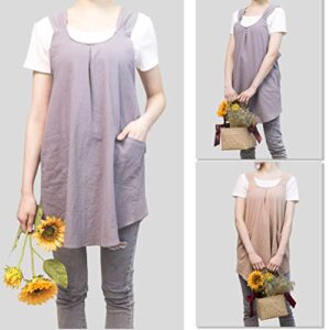 Aoipend Japanese Apron for Women with 2 Roomy Pockets Linen Cross Back Aprons Cute Pinafore Dress For Kitchen Cooking Baking Work Gardening Painting Crafting Grey (Grey)