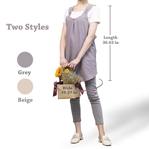 Aoipend Japanese Apron for Women with 2 Roomy Pockets Linen Cross Back Aprons Cute Pinafore Dress For Kitchen Cooking Baking Work Gardening Painting Crafting Grey (Grey)