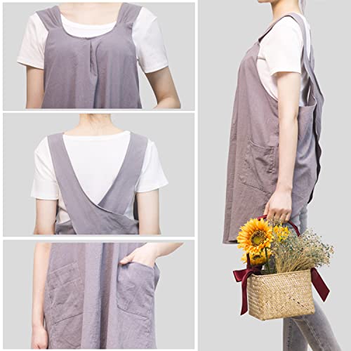 Aoipend Japanese Apron for Women with 2 Roomy Pockets Linen Cross Back Aprons Cute Pinafore Dress For Kitchen Cooking Baking Work Gardening Painting Crafting Grey (Grey)