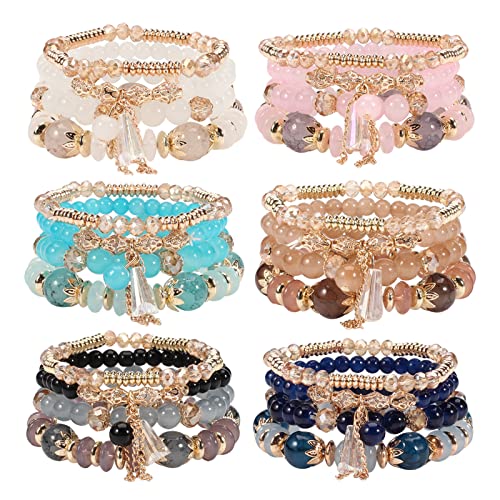 Bohemian Stackable Bead Bracelets for Women Stretch Multilayer Bracelet Set Multicolor Charm Jewelry 6 Sets