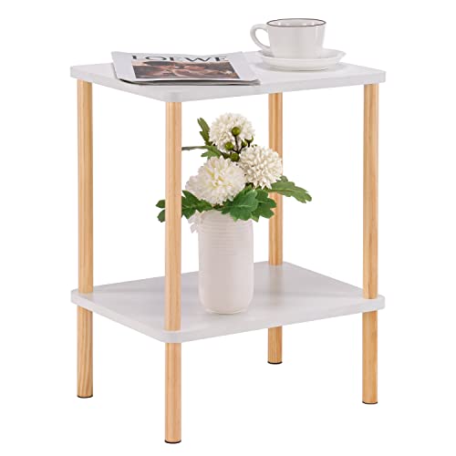 Apicizon 2 Tier End Table, Boho Side Table with Storage Shelf, Nightstand Bedside Table for Small Spaces, Bedroom, Living Room, Entryway, Farmhouse, Easy Assembly, White+Natural