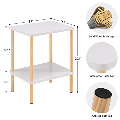 Apicizon 2 Tier End Table, Boho Side Table with Storage Shelf, Nightstand Bedside Table for Small Spaces, Bedroom, Living Room, Entryway, Farmhouse, Easy Assembly, White+Natural