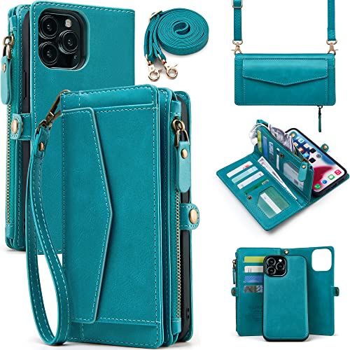 DKDKSIP for iPhone 13 Pro Max Wallet Case (6.7 inch), [RFID Blocking] Multi-Function 2 in 1 Detachable Magnetic Case, PU Leather with Crossbody Strap Zipper 12 Card Holder, Dream Blue