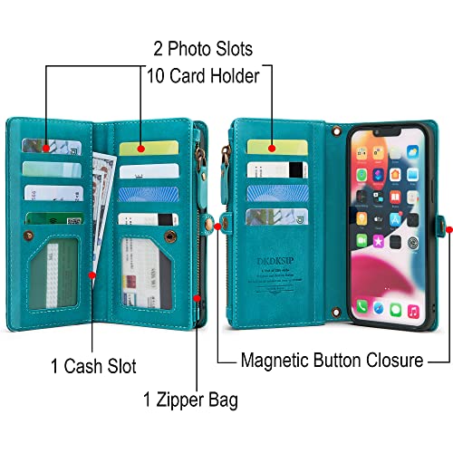 DKDKSIP for iPhone 13 Pro Max Wallet Case (6.7 inch), [RFID Blocking] Multi-Function 2 in 1 Detachable Magnetic Case, PU Leather with Crossbody Strap Zipper 12 Card Holder, Dream Blue