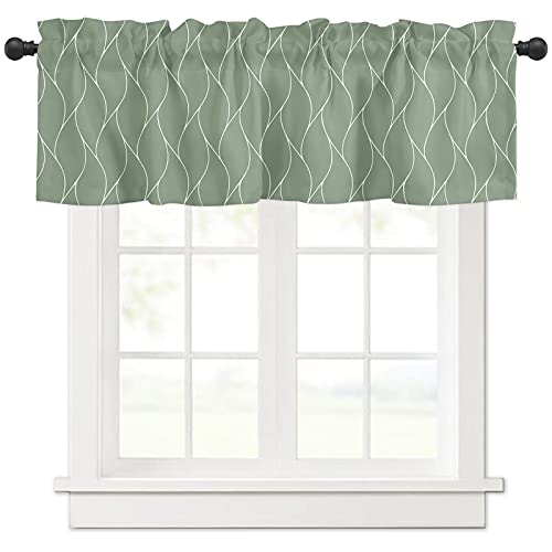 Green Gold Wave Abstract Art Foil Print Pattern Farmhouse Short Window Curtain Valances, White Thin Line Rod Pocket Kitchen Valances for Living Room Bedroom Bathroom Cafe, 1 Panel - 54" x 18"