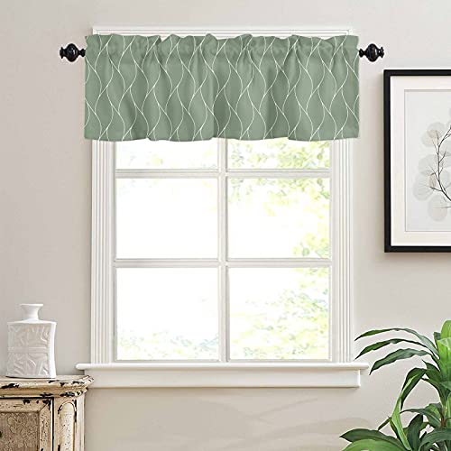 Green Gold Wave Abstract Art Foil Print Pattern Farmhouse Short Window Curtain Valances, White Thin Line Rod Pocket Kitchen Valances for Living Room Bedroom Bathroom Cafe, 1 Panel - 54" x 18"