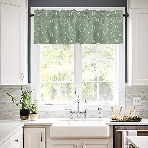 Green Gold Wave Abstract Art Foil Print Pattern Farmhouse Short Window Curtain Valances, White Thin Line Rod Pocket Kitchen Valances for Living Room Bedroom Bathroom Cafe, 1 Panel - 54" x 18"