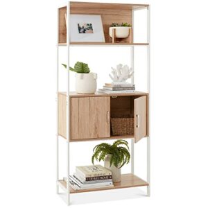 best choice products 4-tier bookshelf, tall bookcase, wood storage cabinet for living room, bedroom, entryway, home office w/cabinet, enclosed storage, shelf space, metal sturdy frame - light oak