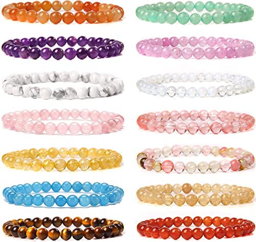 SONNYX 14Pcs 6mm Semi Precious Gemstone Beaded Bracelets for Women Men Tiny Crushed Stone Crystal Bracelet Stretch Bead Bracelet Unisex Jewelry