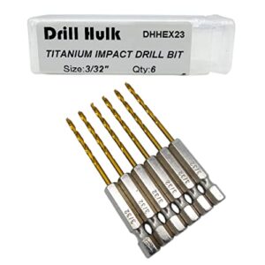 pack of 6, 3/32-inch titanium nitride coated drill bit, hex shank, premium m2 high speed steel, for metal, plastic, wood
