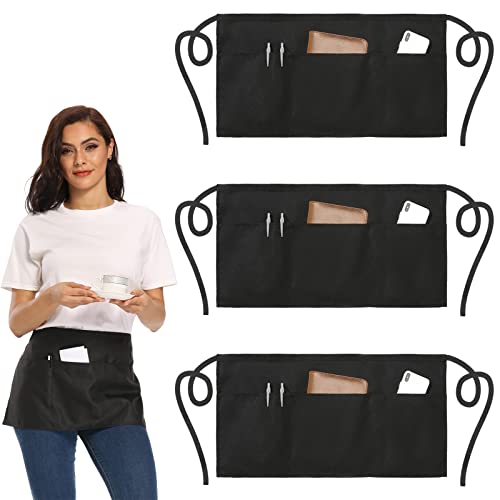 NOBONDO 3 Pack Waitress Aprons with 3 Pockets - Waist Aprons for Women Men Commercial Waiter Half Apron with Extra Long Straps Reinforced Seams for Restaurant Server