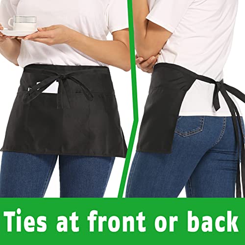 NOBONDO 3 Pack Waitress Aprons with 3 Pockets - Waist Aprons for Women Men Commercial Waiter Half Apron with Extra Long Straps Reinforced Seams for Restaurant Server