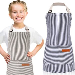 jiuguva 2 pack kids apron adjustable chef apron cotton toddler stripe apron cooking aprons with 2 pockets for children baking(blue, brown)