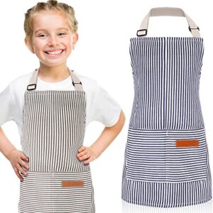 Jiuguva 2 Pack Kids Apron Adjustable Chef Apron Cotton Toddler Stripe Apron Cooking Aprons with 2 Pockets for Children Baking(Blue, Brown)