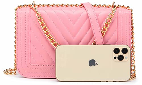 lola mae Crossbody Bags for Women Fashion Quilted Shoulder purse with Convertible Chain Strap Classic Satchel Handbag (Pink-715)