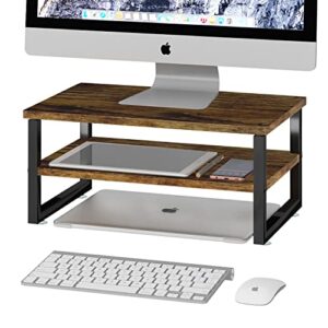 ekisemio 2-tier monitor stand riser, wood desk organizer stand for laptop, computer, imac, pc, printer, black