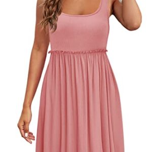 SENSERISE Womens Sleeveless Summer Dress Square Neck Ribbed Knit Sundress Ruffle Flowy Beach Short Mini Tank Dresses(Watermelon Pink,XL)