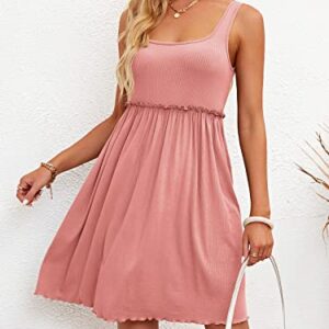 SENSERISE Womens Sleeveless Summer Dress Square Neck Ribbed Knit Sundress Ruffle Flowy Beach Short Mini Tank Dresses(Watermelon Pink,XL)