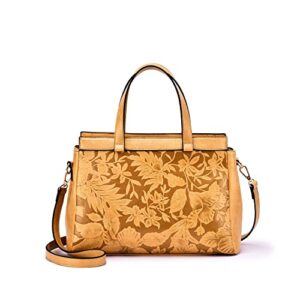 mellow world salome embossed floral vintage medium satchel cross body handbag for women with removable adjustable strap mustard