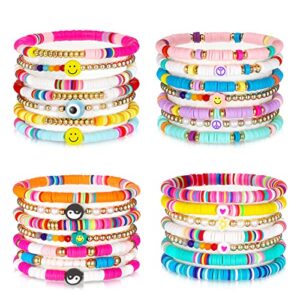 28 pcs 4 set heishi surfer bracelets set colorful preppy smile evil eye beaded stretch bracelet clay stackable boho disc party gift y2k aesthetic summer beach jewelry for xmas halloween (cute style)